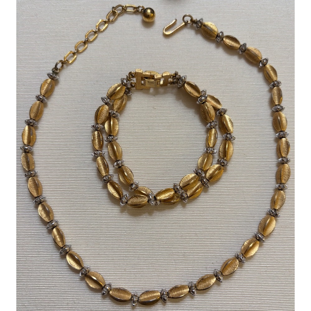 Vintage Crown Trifari Two Tone Gold Silver Bead Necklace Bracelet Jewelry Set